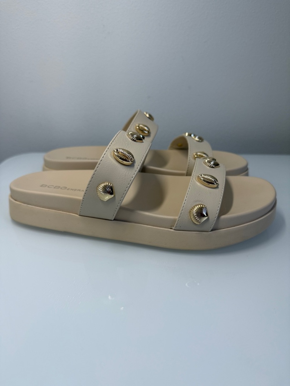 BCBGeneration Beige Slide Sandals w/ Gold Shell Studs – Boho Chic Summer Style - Picture 2 of 3